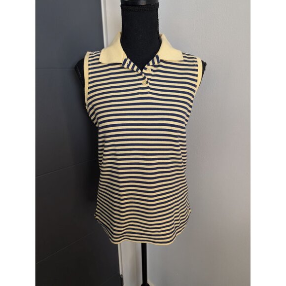 croft & barrow Tops - y2k Croft and Barrow‎ Navy and Yellow Striped Sleeveless 100% Cotton Polo - S